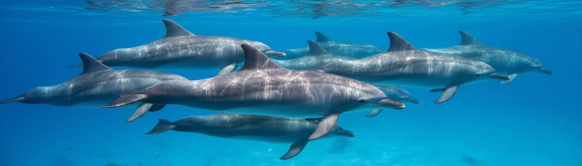 Groupe de dauphins sauvages nageant en banc dans les eaux cristallines de la Mer Rouge à Hurghada.