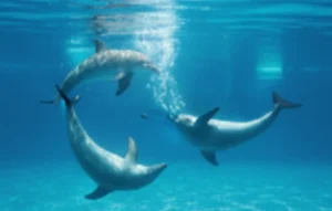 Trois dauphins jouant ensemble sous l'eau dans le bassin du Dolphin World à Hurghada.