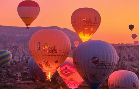 Plusieurs montgolfières en plein vol dans le ciel bleu de Louxor au-dessus des sites archéologiques.