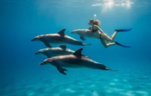 Jeune femme pratiquant l'apnée en compagnie de trois dauphins sauvages dans les eaux cristallines de la Mer Rouge, Égypte.