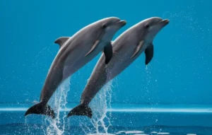 Deux dauphins sautant simultanément hors de l'eau dans une piscine à Hurghada.