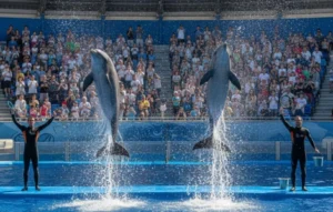 Spectacle de dauphins au Dolphin World d'Hurghada avec deux dresseurs et le public en arrière-plan.