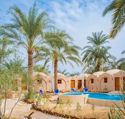 Écolodge traditionnel à l'Oasis de Siwa avec chambres en dômes de terre, piscine et jardin de palmiers sous un ciel bleu.