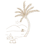 Dessin au trait couleur sable d'un palmier, de montagnes et d'un voilier sur la côte.