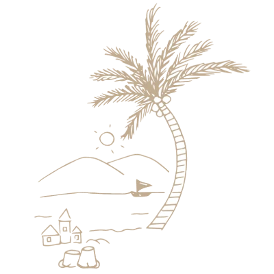 Dessin au trait couleur sable d'un palmier, de montagnes et d'un voilier sur la côte.