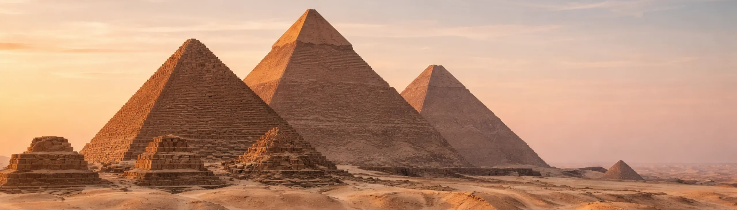Vue panoramique des grandes pyramides de Gizeh pour un voyage sur mesure en Égypte inoubliable.