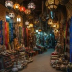Allée colorée du souk Khan el-Khalili au Caire avec lanternes égyptiennes et poteries traditionnelles.