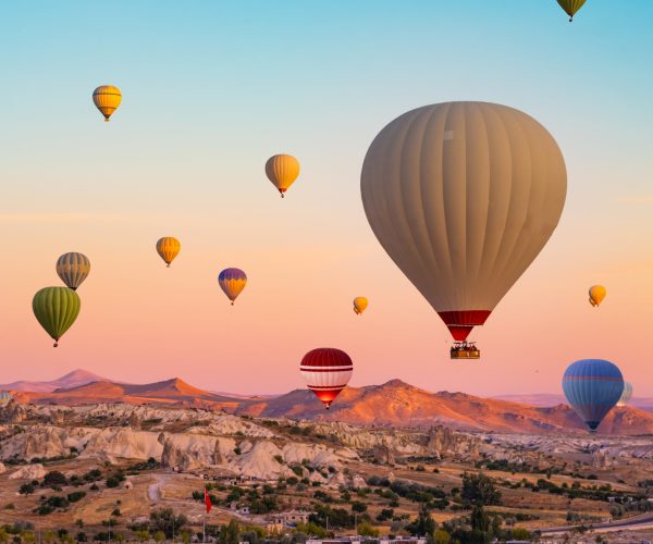 Flight of hot air balloons in Cappadocia, Turkey