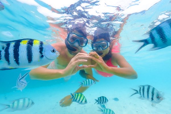 A young couple of men and a woman on a snorkeling trip at Samaesan Thailand. dive underwater with Nemo fishes in the coral reef sea pool. couple swim activity on a summer beach holiday